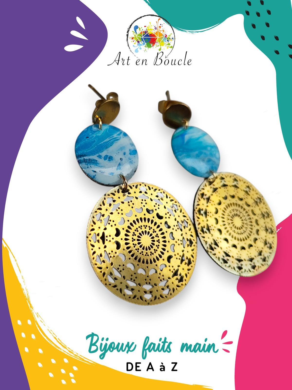 Boucles d'oreille dentelle artisanales en laiton et perles de tableau bleues