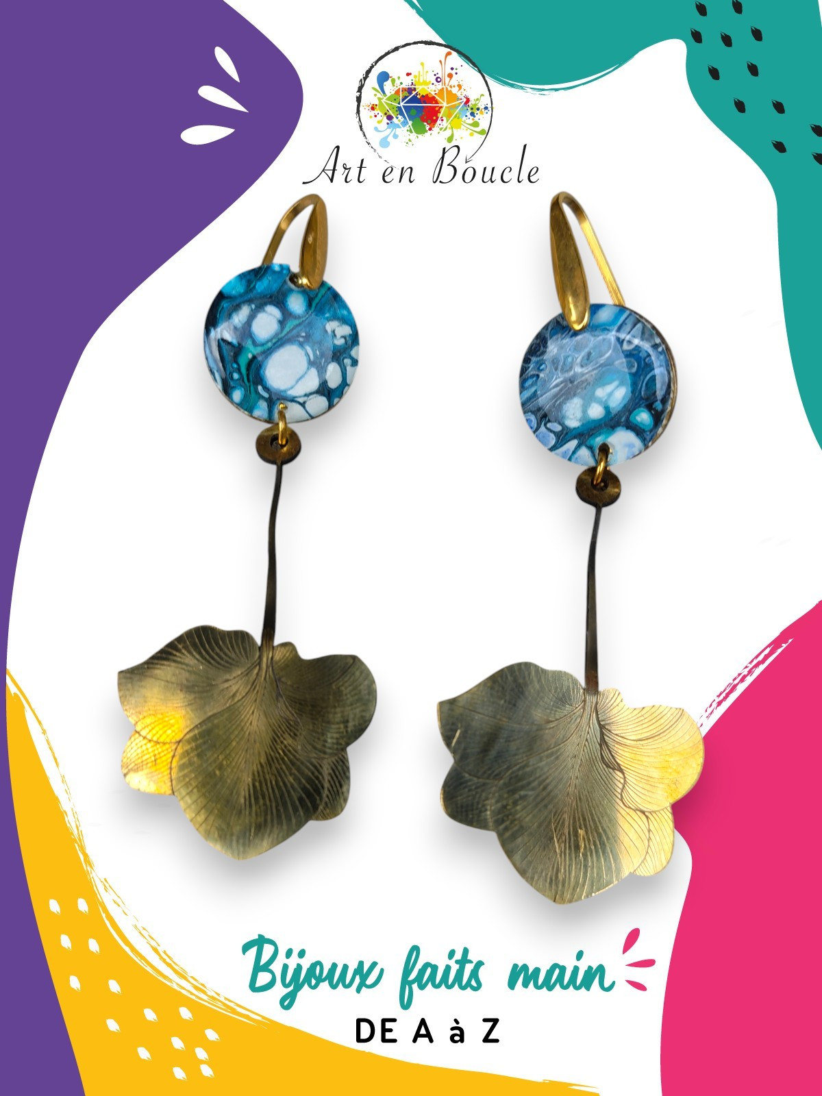 Boucles d'oreille Hortensia longues artisanales en laiton et perles de tableau bleu cellule