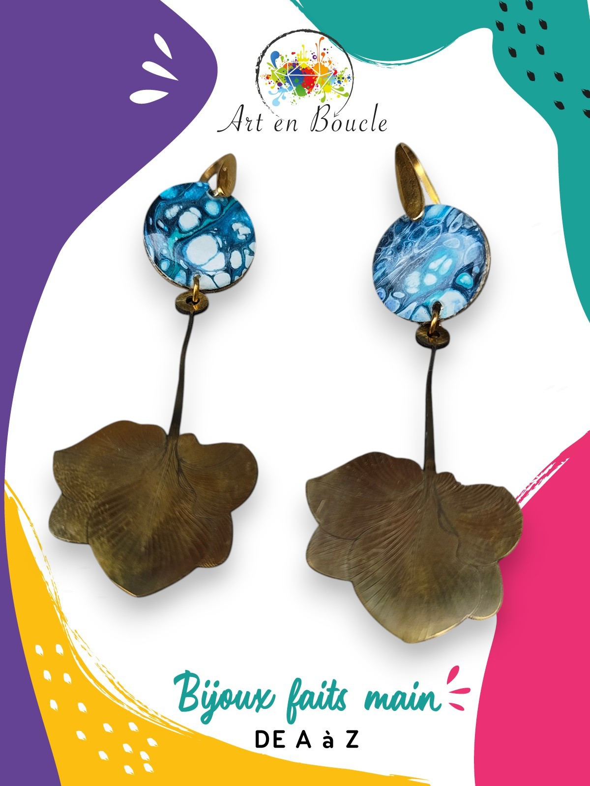 Boucles d'oreille Hortensia longues artisanales en laiton et perles de tableau bleu cellule