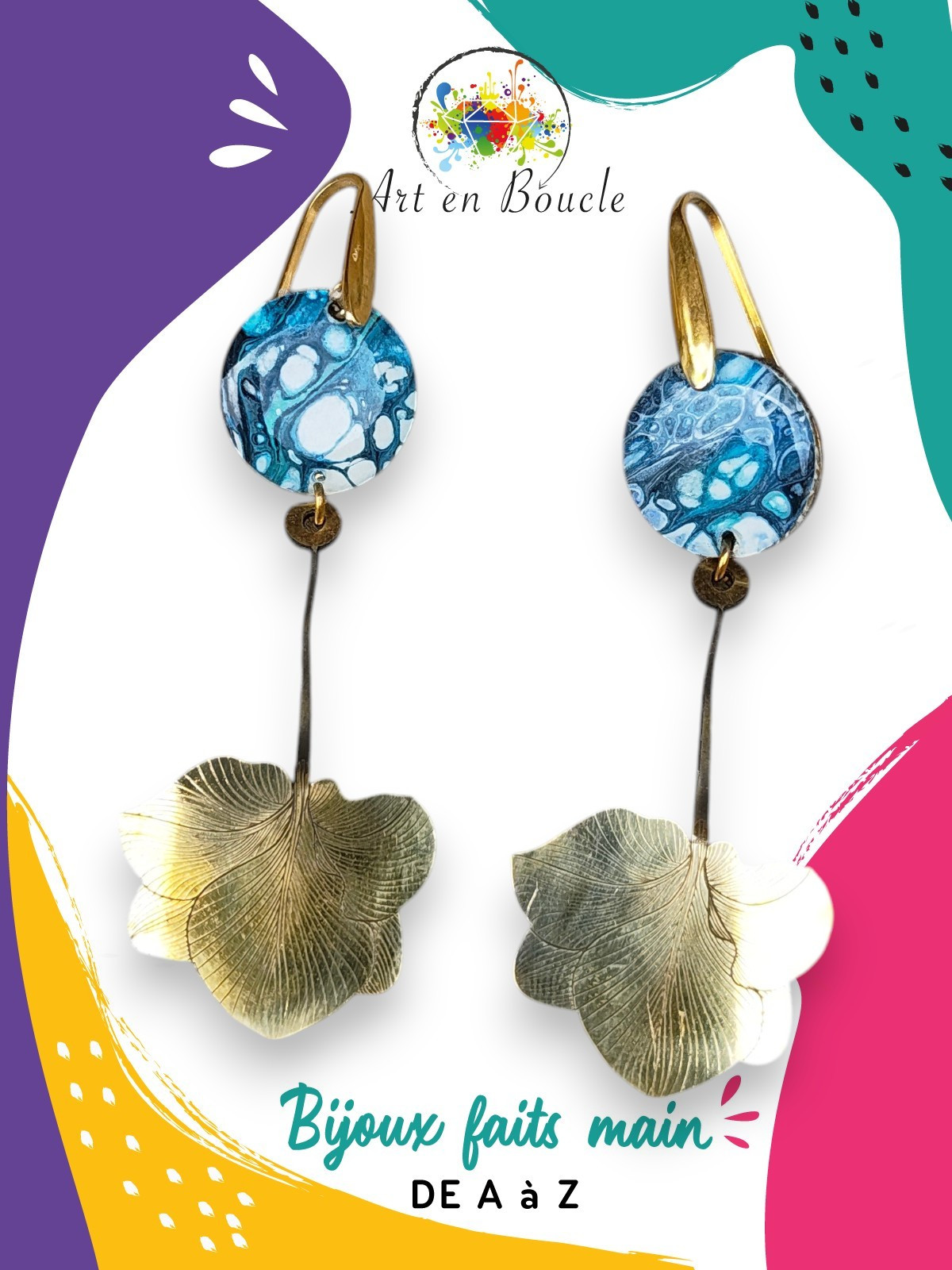Boucles d'oreille Hortensia longues artisanales en laiton et perles de tableau bleu cellule