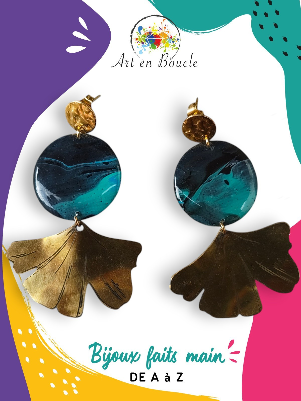 Grandes Boucles d'oreille Gingko artisanales en laiton et perles de tableau vert émeraude et noir