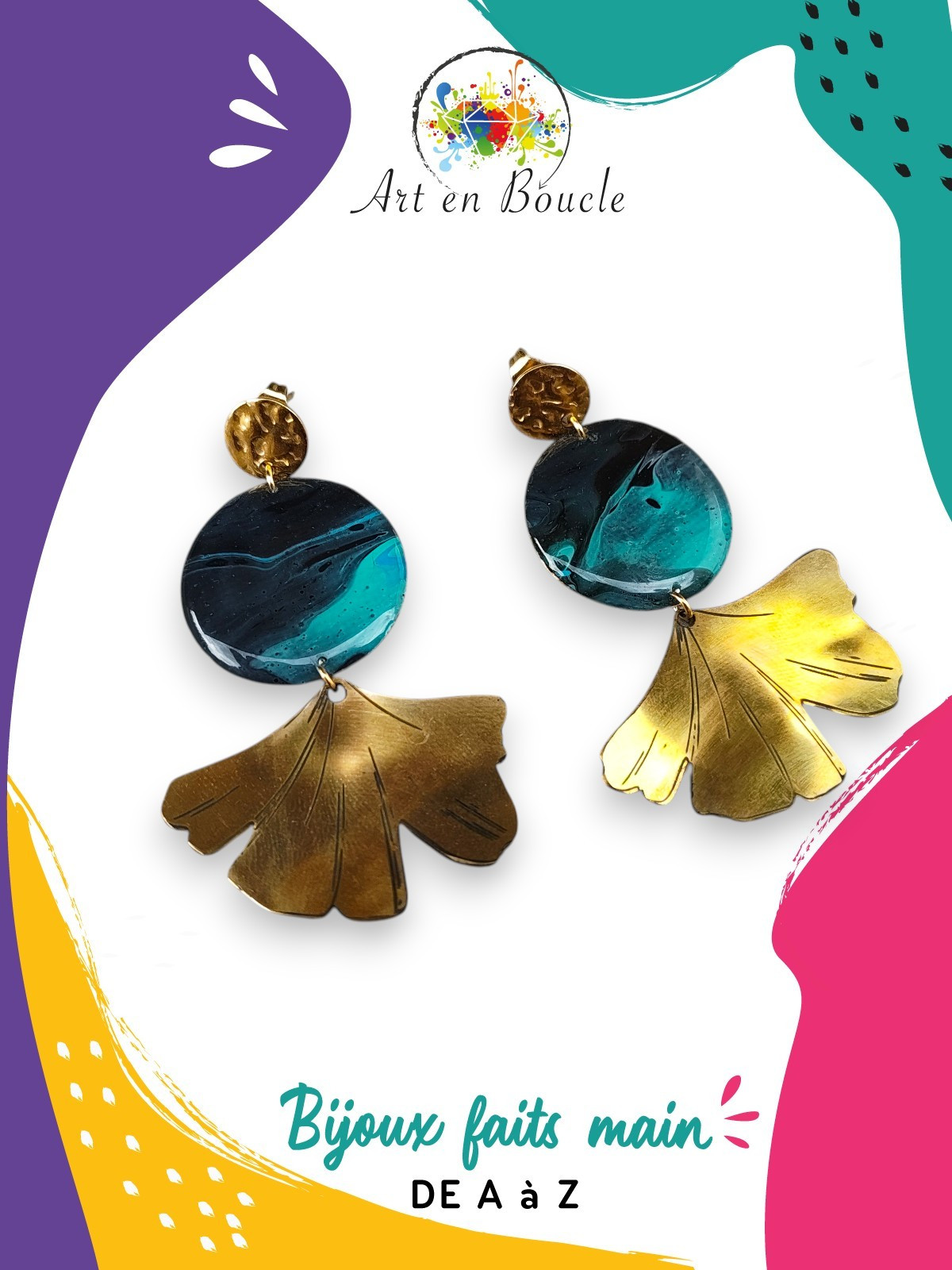 Grandes Boucles d'oreille Gingko artisanales en laiton et perles de tableau vert émeraude et noir