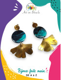 Grandes Boucles d'oreille Gingko artisanales en laiton et perles de tableau vert émeraude et noir