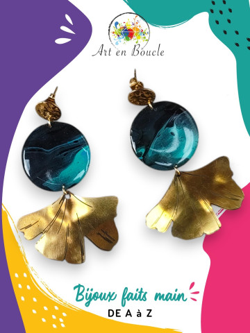 Grandes Boucles d'oreille Gingko artisanales en laiton et perles de tableau vert émeraude et noir