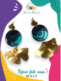 Grandes Boucles d'oreille Gingko artisanales en laiton et perles de tableau vert émeraude et noir