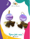 Grandes Boucles d'oreille Gingko artisanales en laiton et perles de tableau violettes