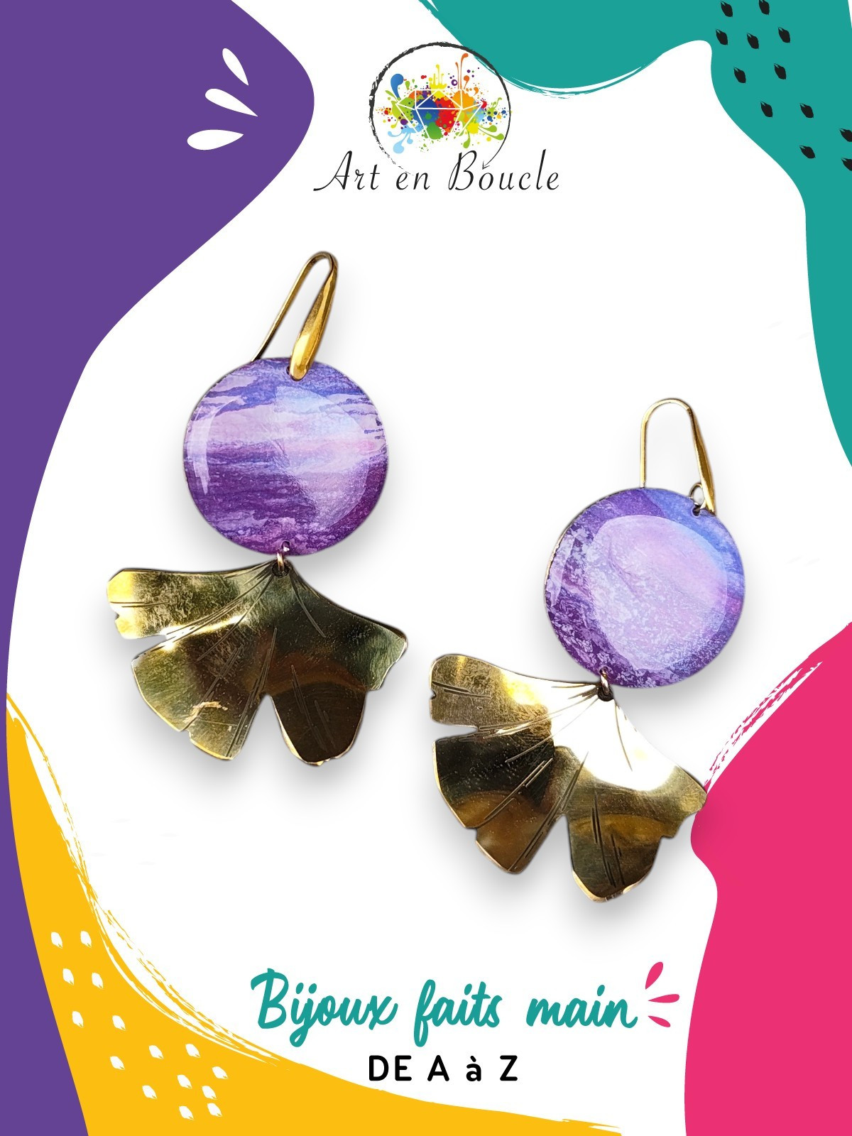 Grandes Boucles d'oreille Gingko artisanales en laiton et perles de tableau violettes