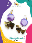 Grandes Boucles d'oreille Gingko artisanales en laiton et perles de tableau violettes