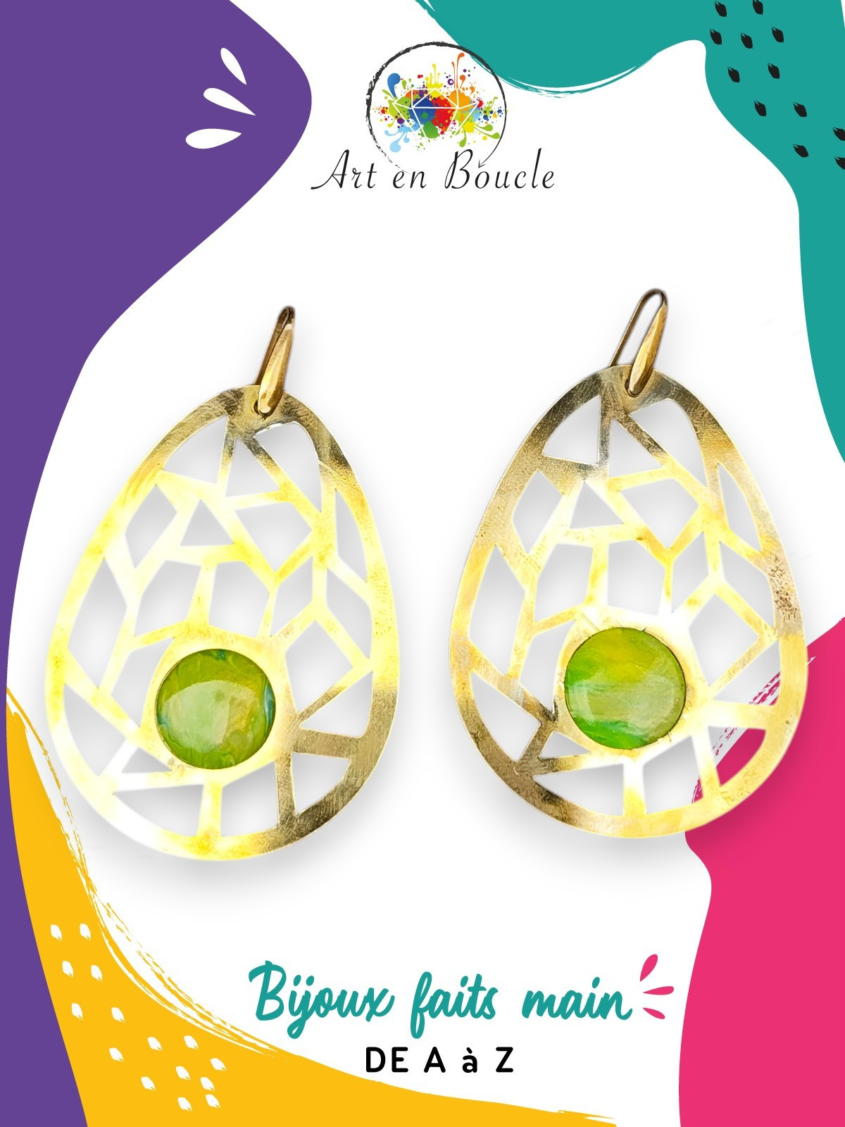 Grandes Boucles d'oreille géométriques artisanales en laiton et perles de tableau vertes