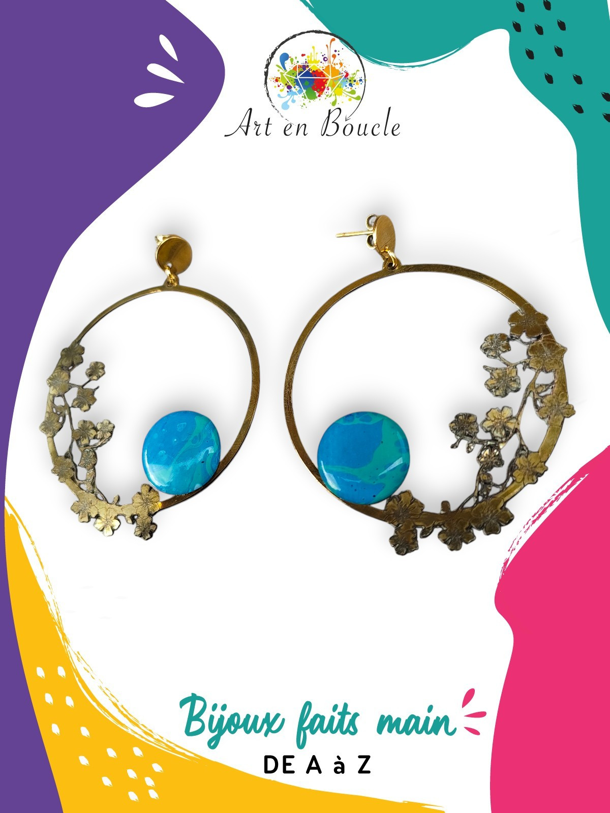 Grandes Boucles d'oreille cercle fin et branches de cerisier artisanales en laiton et perles de tableau bleu et vert
