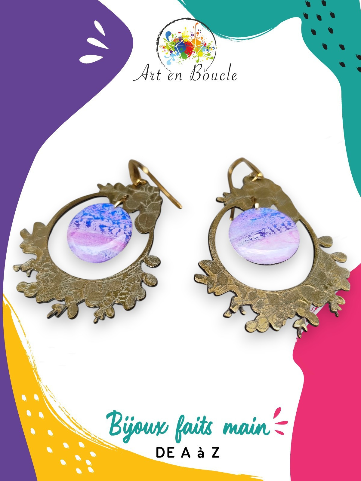 Boucles d'oreilles Manga fleuri artisanales en laiton et perles de tableau rose