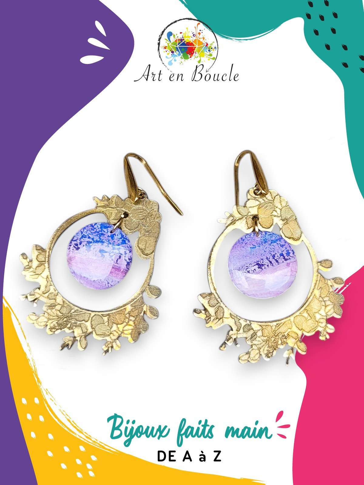 Boucles d'oreilles Manga fleuri artisanales en laiton et perles de tableau rose