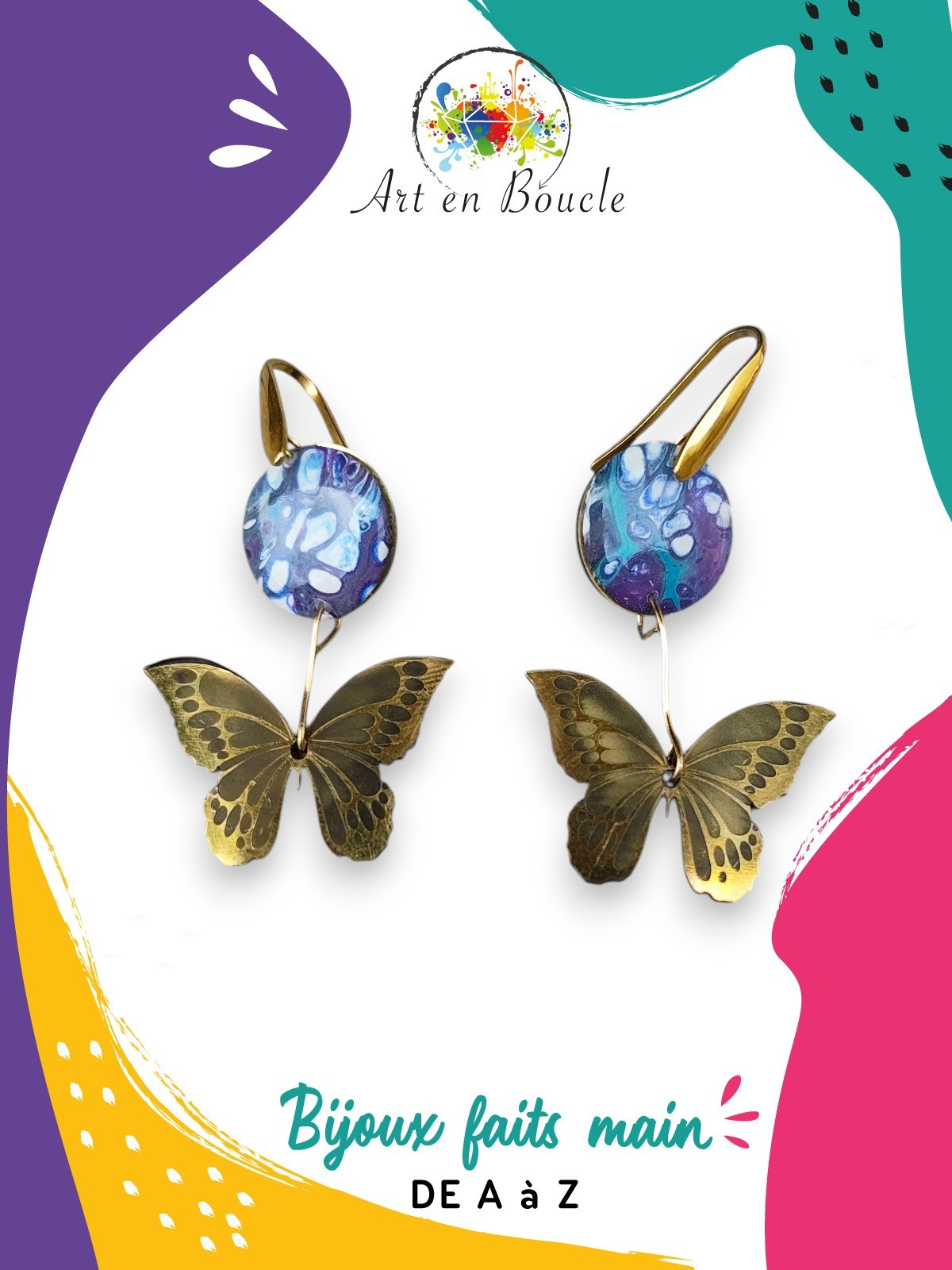 Boucles d'oreilles Papillon artisanales en laiton et perles de tableau violet et bleu cellule
