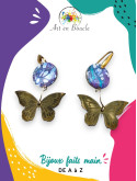 Boucles d'oreilles Papillon artisanales en laiton et perles de tableau violet et bleu cellule