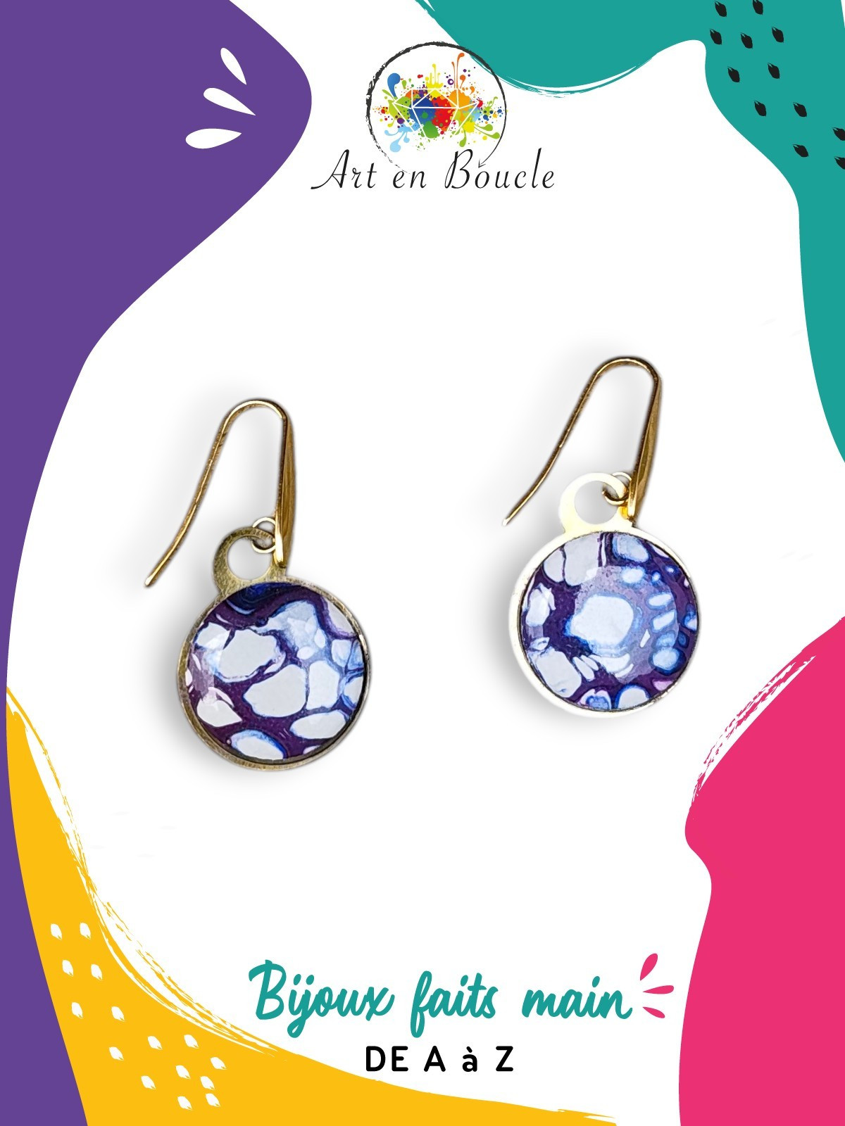 Boucles d'oreilles rondes artisanales en laiton et perles de tableau violet cellule
