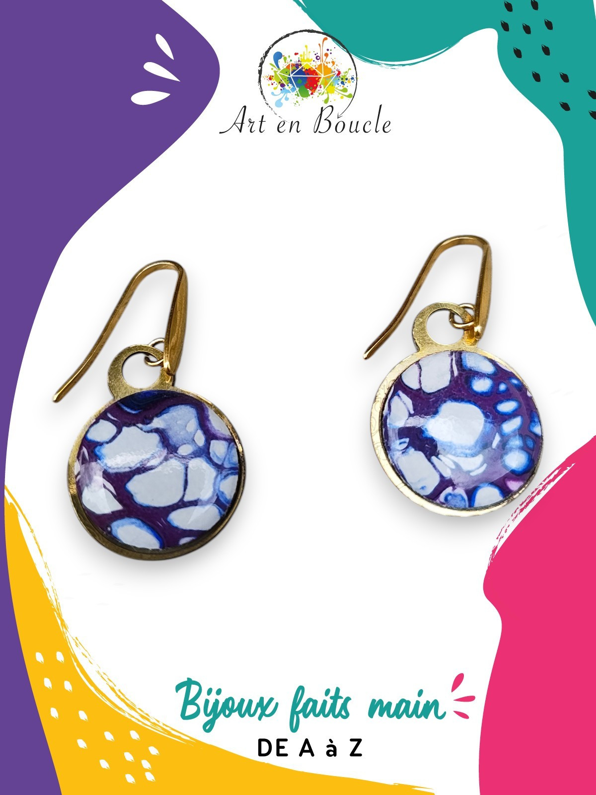 Boucles d'oreilles rondes artisanales en laiton et perles de tableau violet cellule