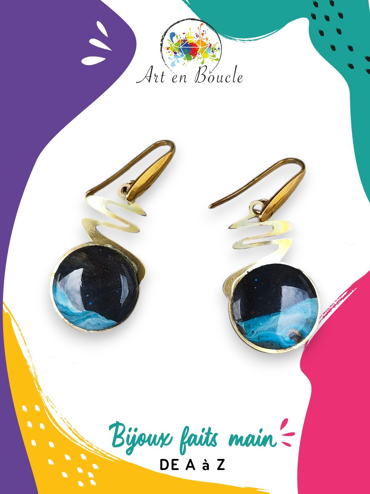 Boucles d'oreilles Zigzag artisanales en laiton et perles de tableau noir / bleu