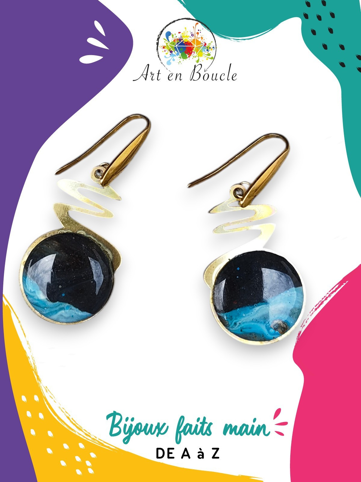 Boucles d'oreilles Zigzag artisanales en laiton et perles de tableau noir / bleu