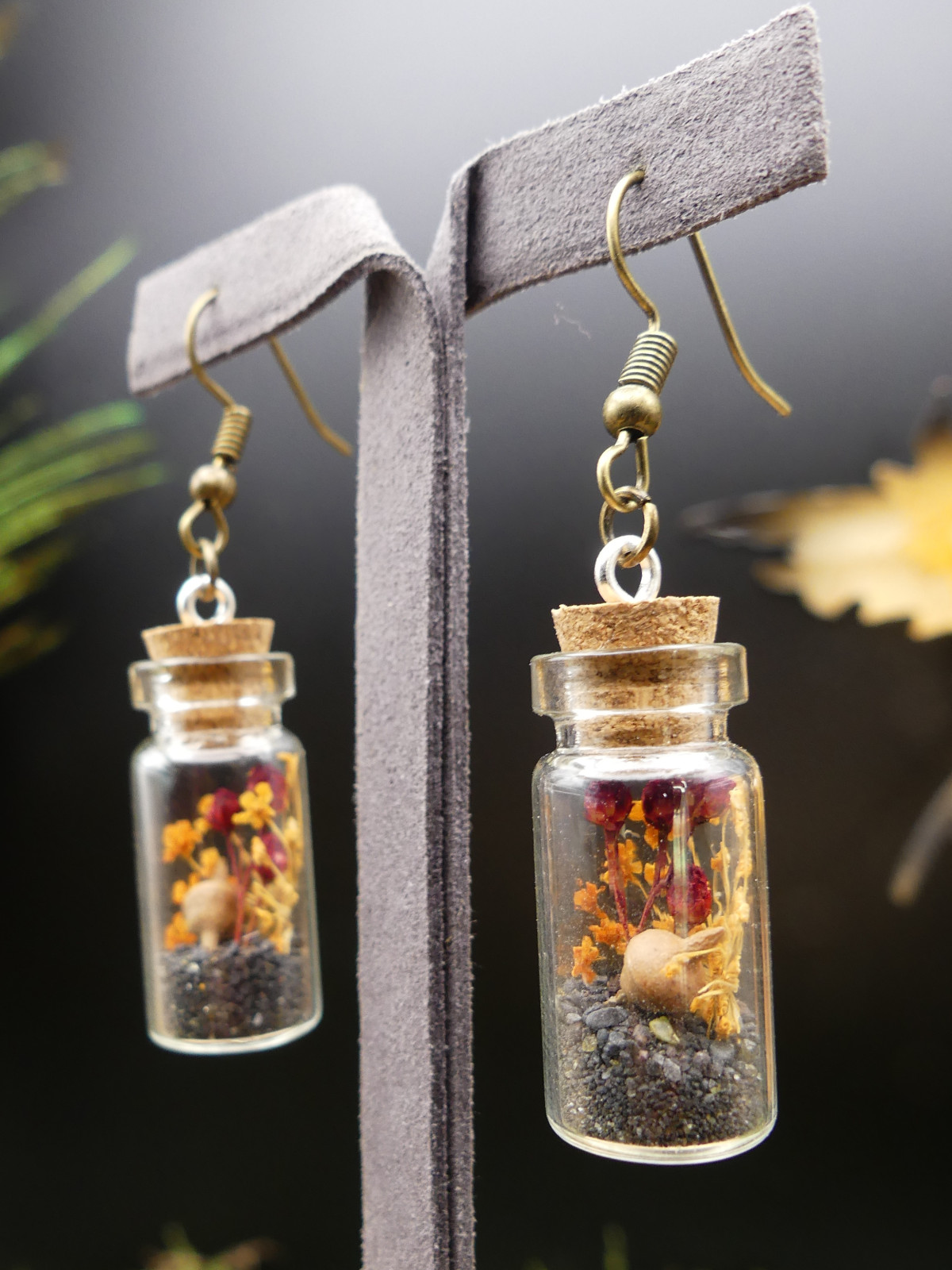 Boucles d'oreilles en fiole XL - fleurs séchées automnales