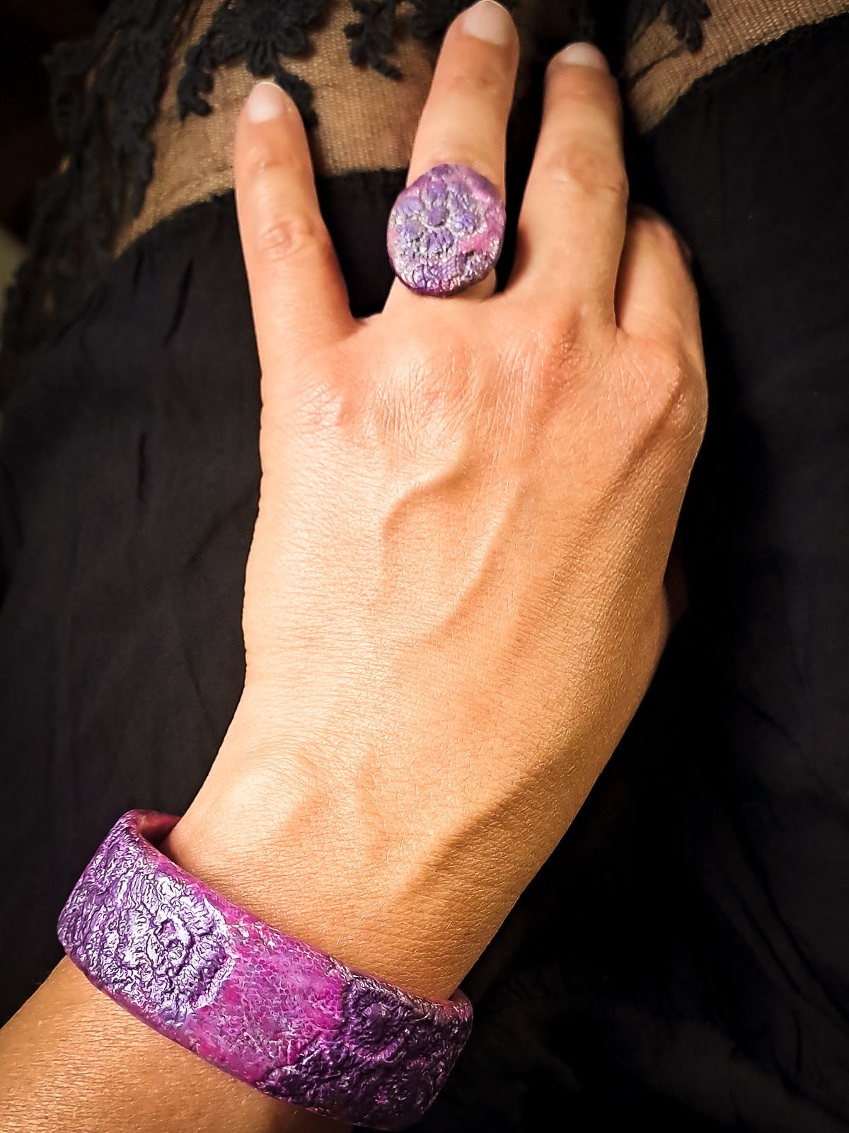 Parure violette bohème chic artisanale pièce unique femme