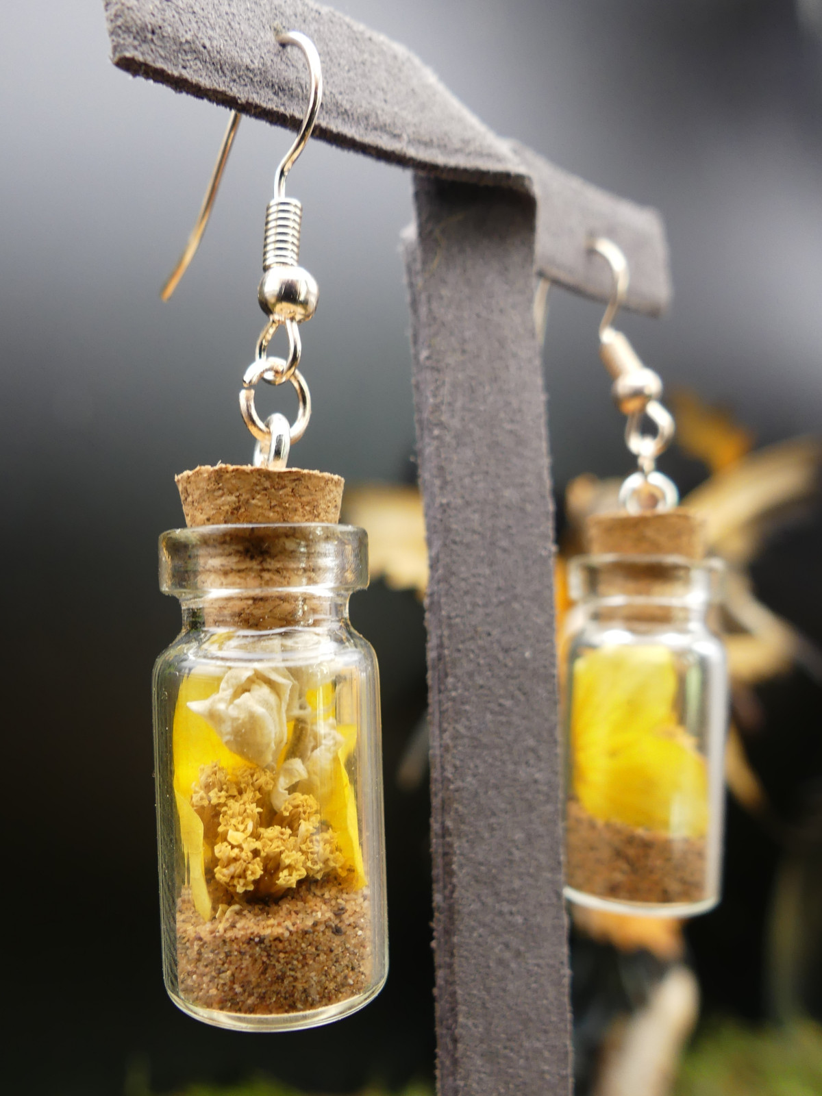 Boucles d'oreilles en fiole XL - fleurs séchées jaunes
