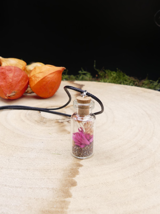 Collier en fiole simple - fleurs séchées rose