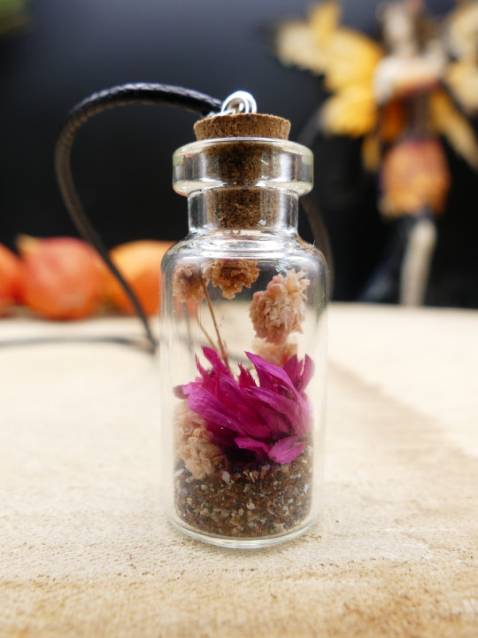 Collier en fiole simple - fleurs séchées rose