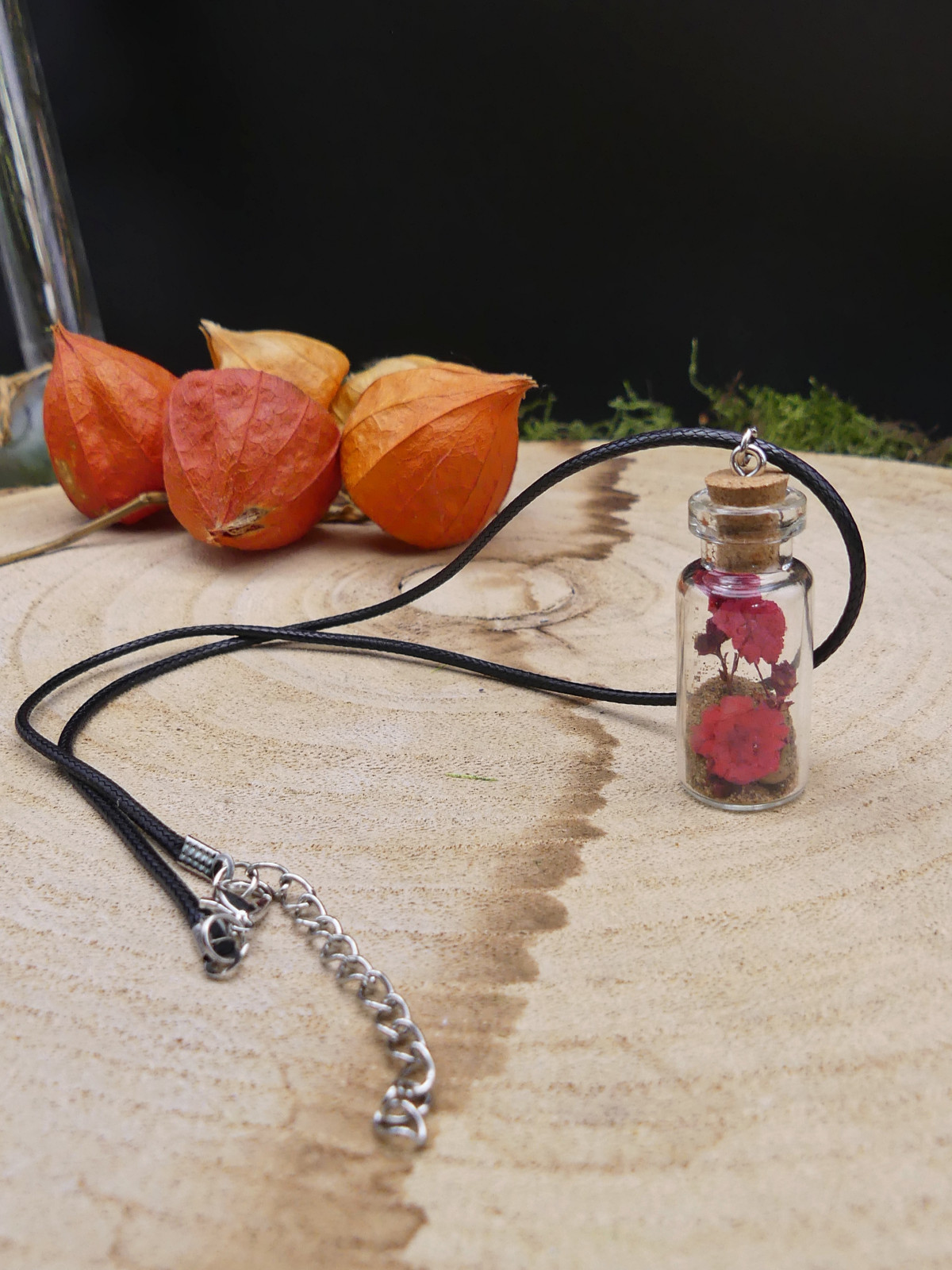 Collier en fiole simple - fleurs séchées rouge 