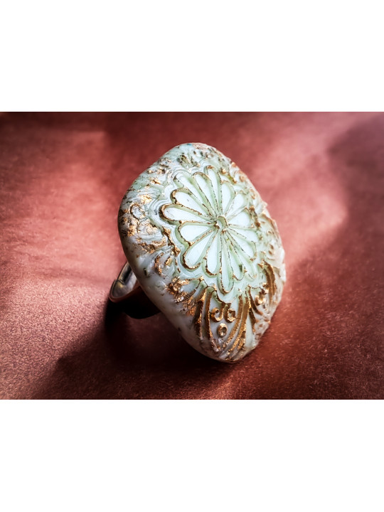Bague fleur vert patine cuivrée – Argile polymère – Laiton finition bronze – Bijou bohème fait main