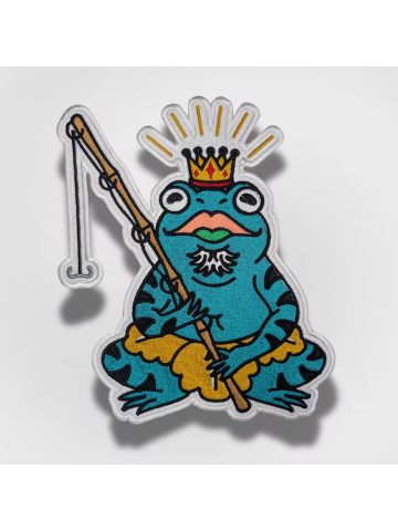 Patch thermocollant brodé grenouille pêcheur avec couronne 