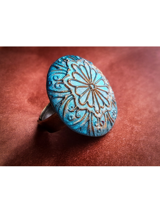 Bague florale artisanale bleue en argile polymère réglable