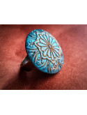 Bague florale artisanale bleue en argile polymère réglable