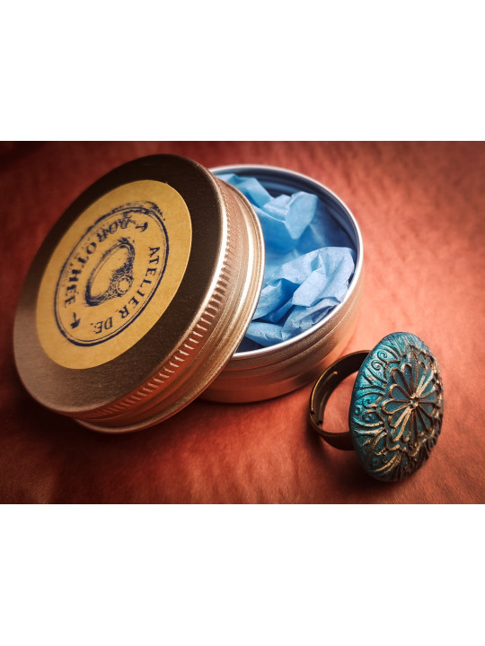 Bague florale artisanale bleue en argile polymère réglable