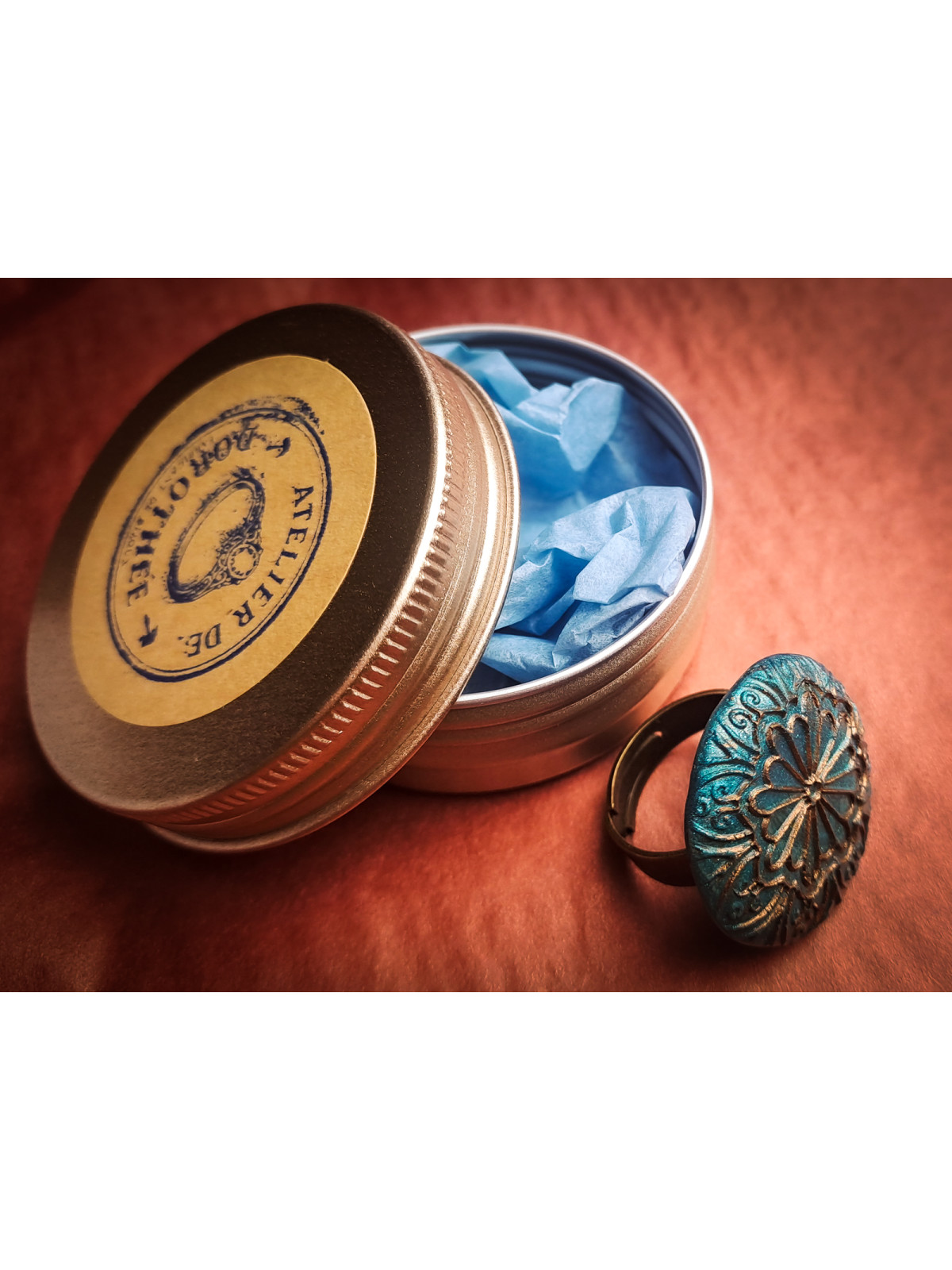 Bague florale artisanale bleue en argile polymère réglable