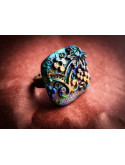 Bague fleurie artistique sculptée bleu vert doré – Pièce unique artisanale