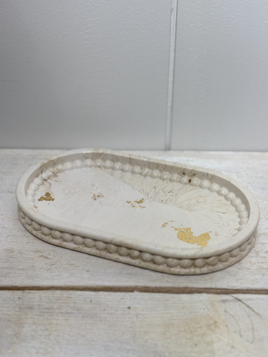 Plateau ovale marbré beige + feuille d’or