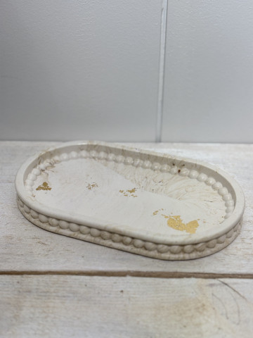 Plateau ovale marbré beige + feuille d’or