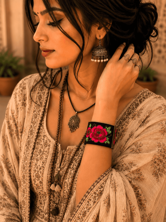 Bracelet manchette brodé fleuri bleu | Bijou bohème chic femme