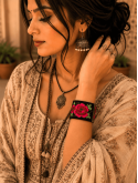 Bracelet manchette brodé fleuri bleu | Bijou bohème chic femme