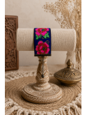 Bracelet manchette brodé fleuri bleu | Bijou bohème chic femme