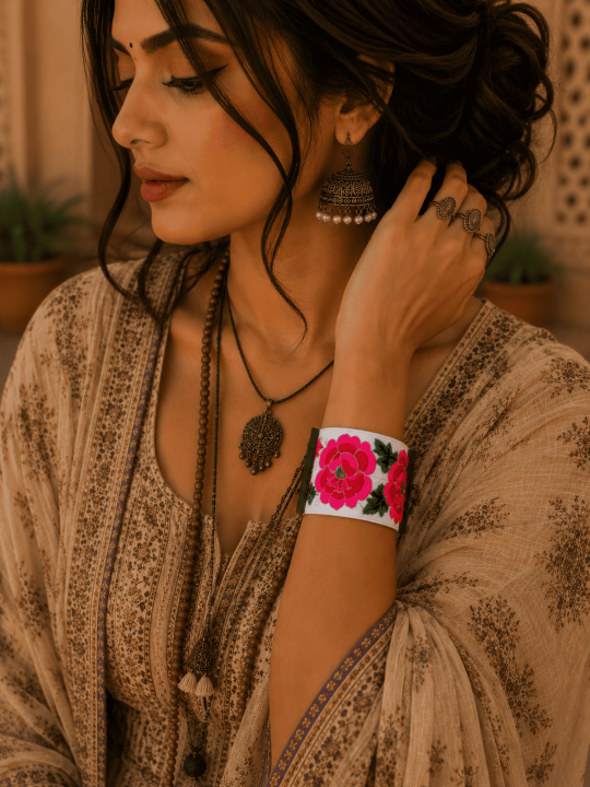 Bracelet manchette brodé blanc fleuri | Bijou bohème chic