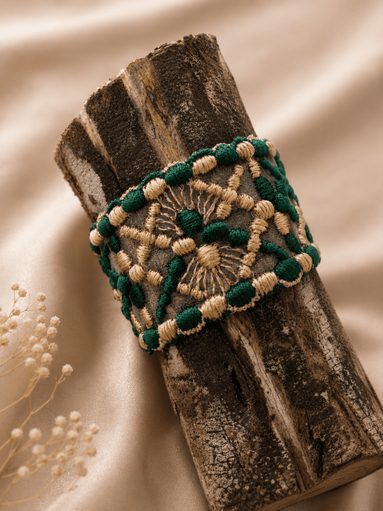 Bracelet en dentelle ancienne revisitée vert émeraude et or, bohème chic 