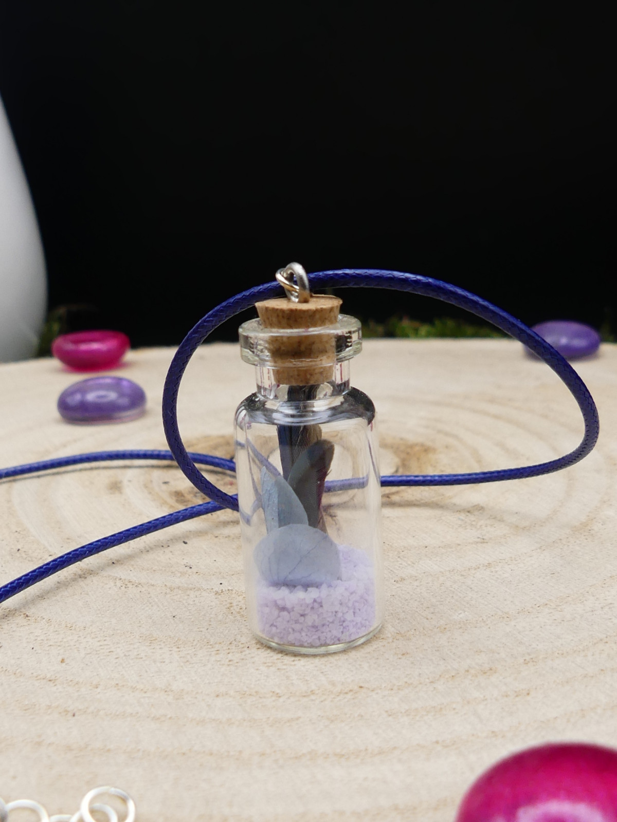 Collier en fiole simple - fleurs séchées bleues