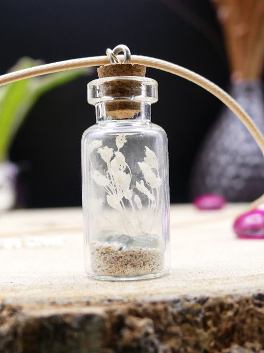 Collier en fiole simple - fleurs séchées blanches