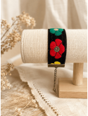 Bracelet noir Fleuri Bleu Bohème Chic  Bijou Artisanal Femme