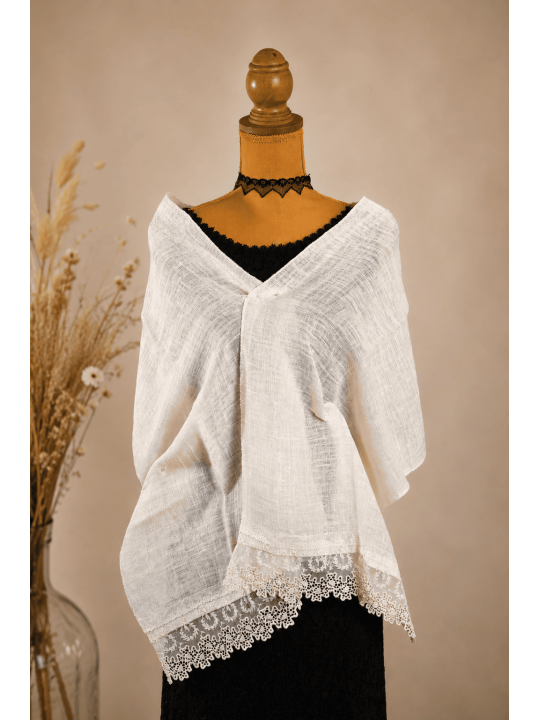 Étole écrue en lin et dentelle ancienne  Accessoire de cérémonie bohème chic