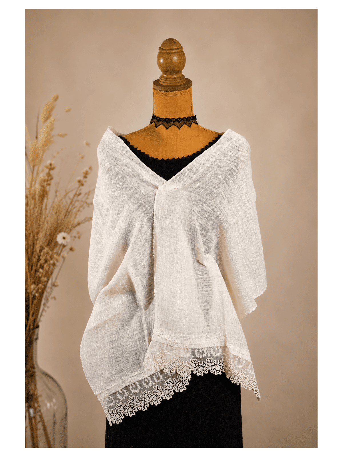 Étole écrue en lin et dentelle ancienne  Accessoire de cérémonie bohème chic