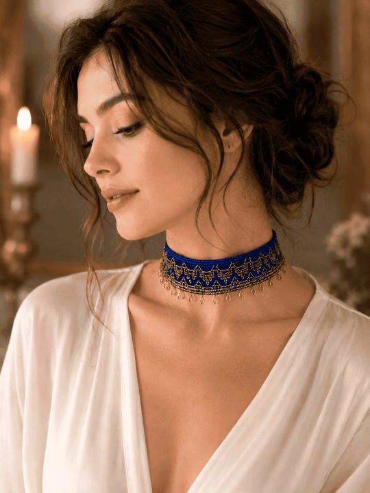 Un collier bleu et or artisanal parfait pour les femmes en quête d'un bijou original, élégant et intemporel.