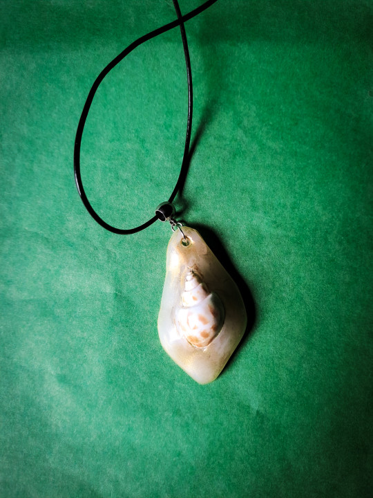 Collier véritable coquillage blanc nacré aux reflets dorés peint à la main – Pièce unique – Cordon cuir réglable