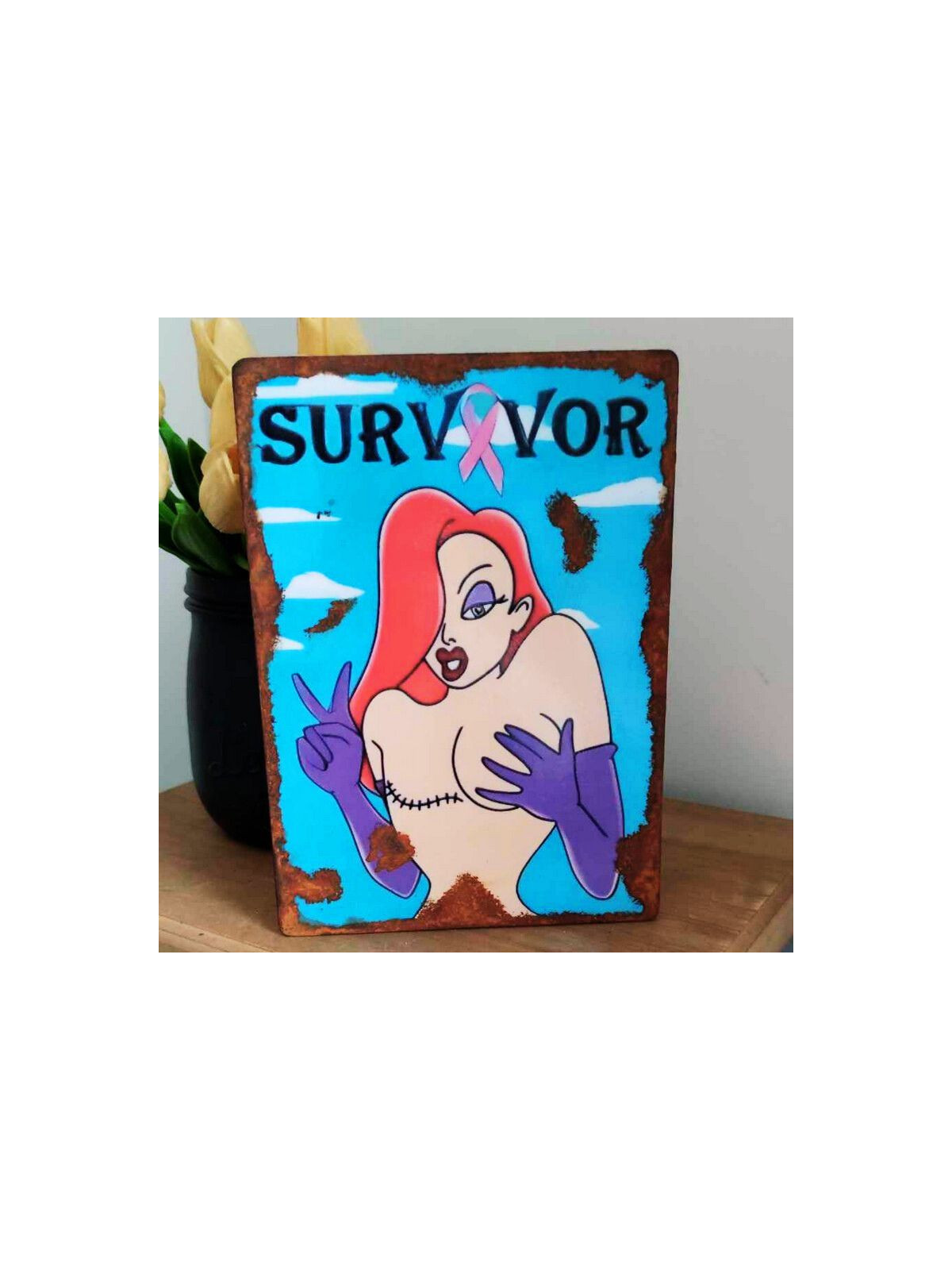 Plaque Déco Survivor Jessica Rabbit - Ruban rose